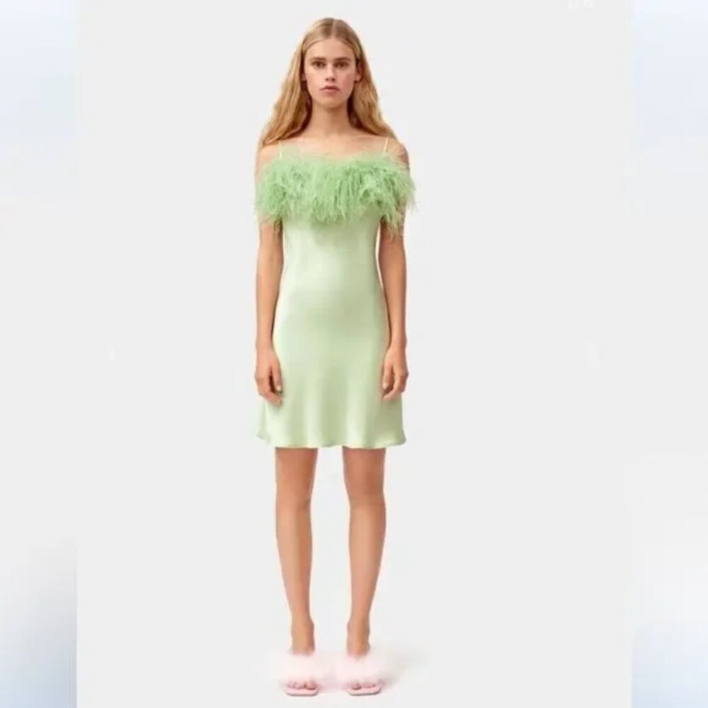 Sleeper Boheme Mini Slip Dress Maribou Feathers Mint Green Silk Slip Dress L